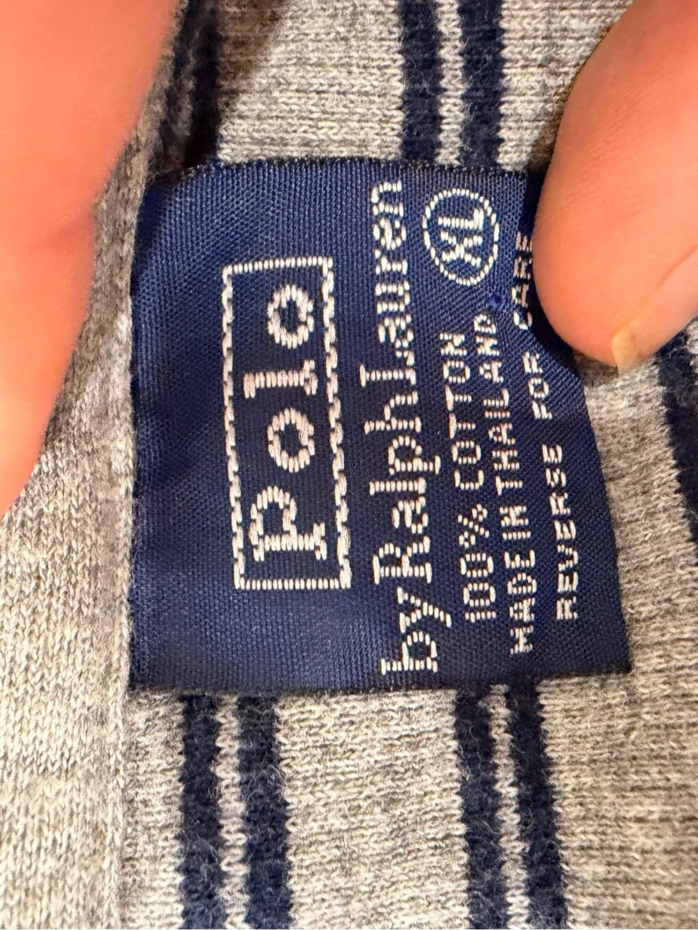 Ralph Lauren Long-Sleeve V‑Neck Striped Shirt in Gray and Blue with Yellow Logo